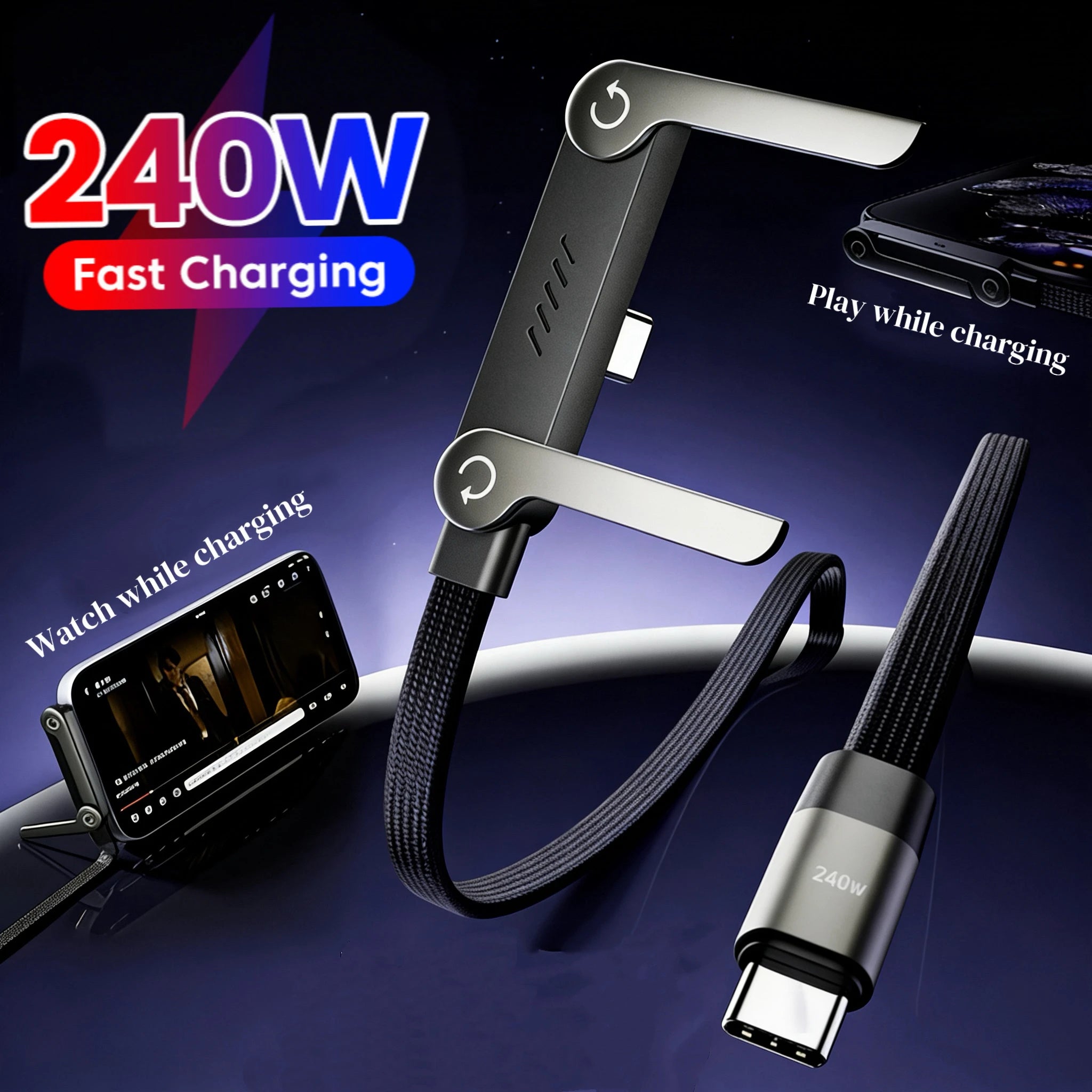 240W USB-C Fast Charging Cable With Foldable Phone Stand